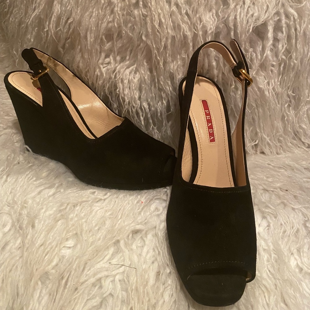Black velvet open toe Prada wedges.. size 38 Prada